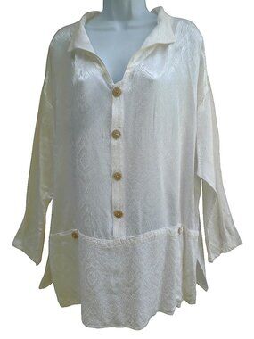 CP Shades Vintage 90s Ivory Floral Embossed Tunic Top Pockets Hand Dyed Vents M